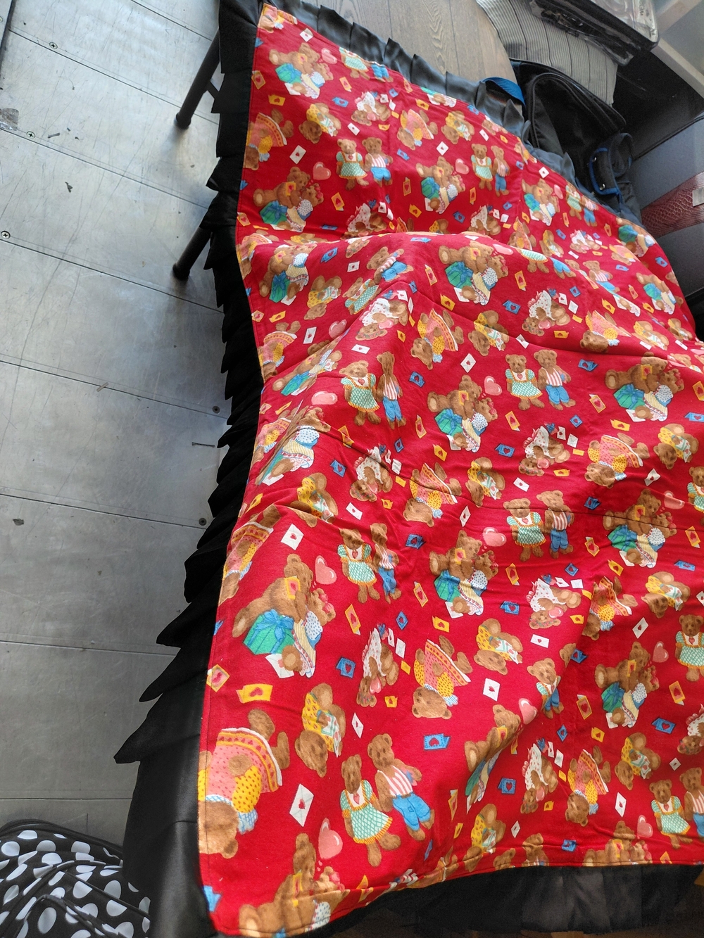 Red Teddy Bear Print Quilt with Black Ruffle Trim Lavender And Wihte & Blue.